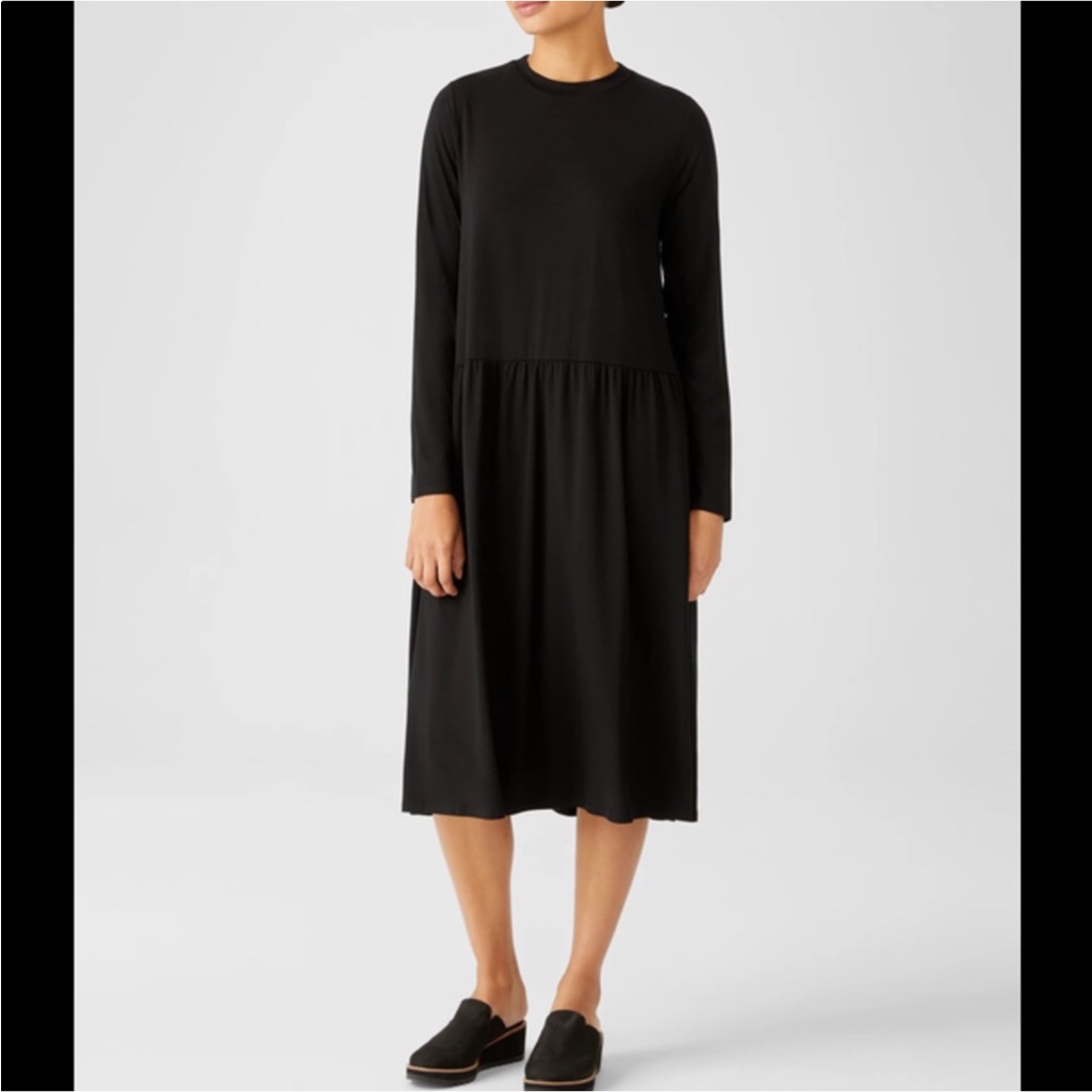 Eileen Fisher Women Midi Dress Sz S Black Minimalist Jersey Long Sleeve Stretch